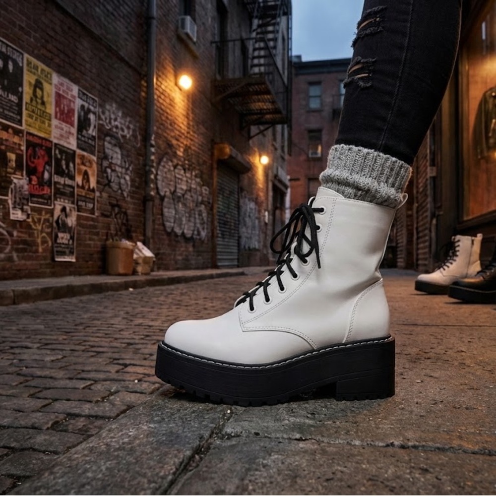 NWT Soda White Chunky Platform Combat Boots 2.5" Heel Lug Sole Lace Up Zip